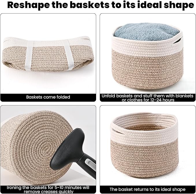 Small Storage Baskets for Organizing, Organizer Baskets for Shelves, Small Woven Basket for Storage, Cute Brr Basket for Gifts Empty, 9.7"×9.7"×7" (3 Packs) Off White & Brown