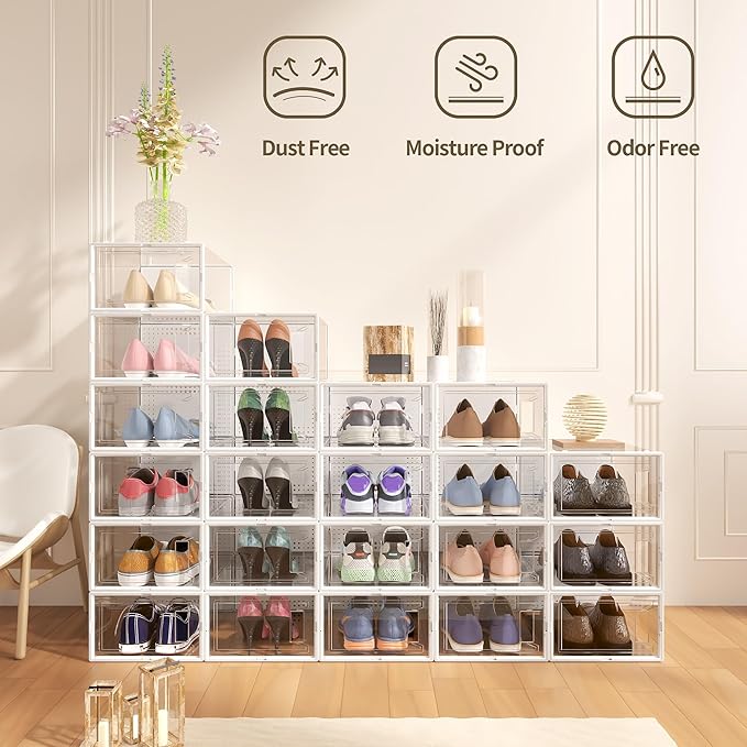 Secret Space 12 Pack Large Shoe Organizer Storage Boxes for Closet, Modular Space Saving Shoe Boxes Clear Plastic Stackable Sneaker Containers Display Case with Lids, White02