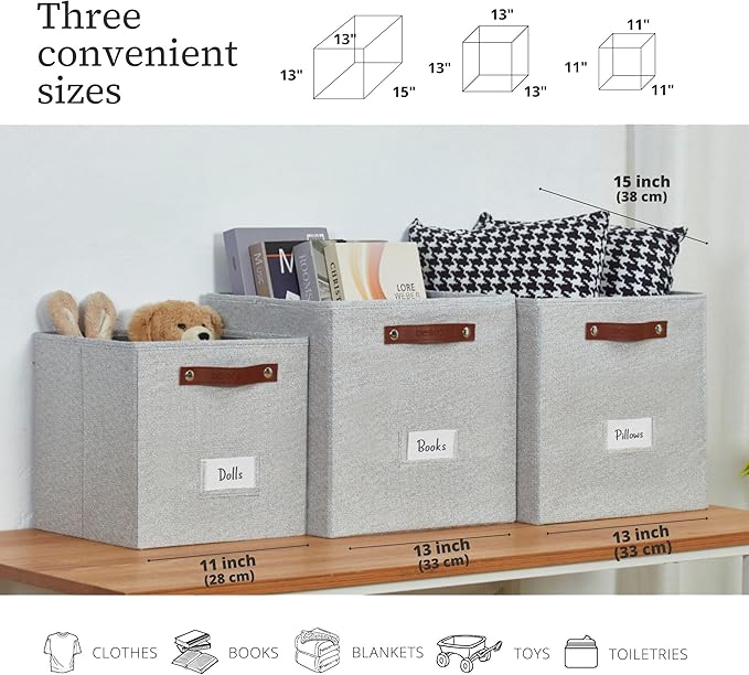 DECOMOMO Storage Cubes, 13x13x13 Storage Cube Bins with Labels, Fabric Organizer Bins (13" / 6pcs, Light Texture Grey)