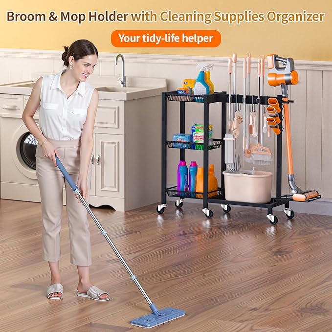 Cleaning Supplies Organizer with Broom Holder Load 350 LBS Cleaning Cart with Wheels Broom Closet Storage with 3-Tier Shelves, 6 Mop Hanger Grippers, 3 Double-Hooks, Vacuum Stand for Laundry Garage