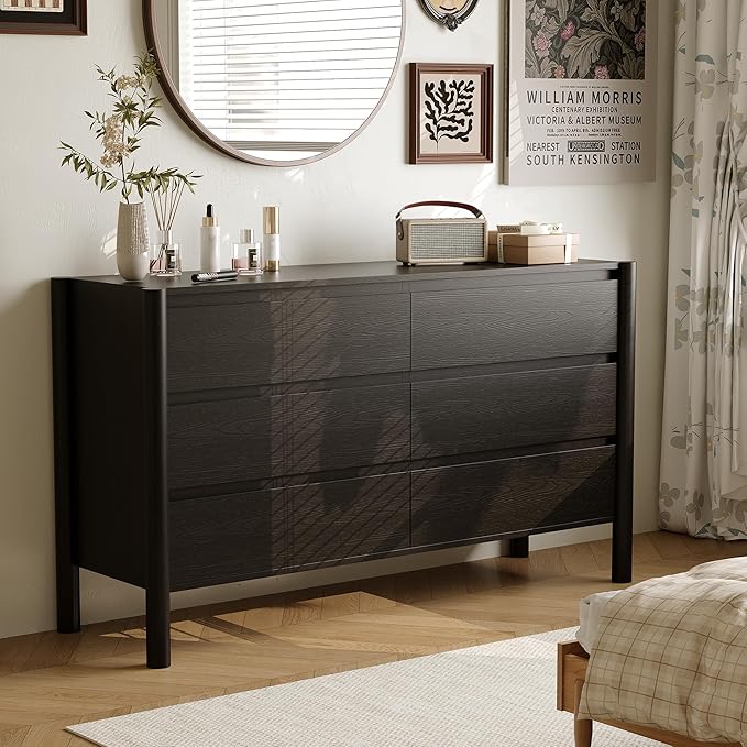 Dresser for Bedroom with 6 Drawers,47" Wide Oak Dresser with 4 Solid Wood Legs, Wooden TV Stand,Closet Clothes Organizer for Bedroom, Hallway