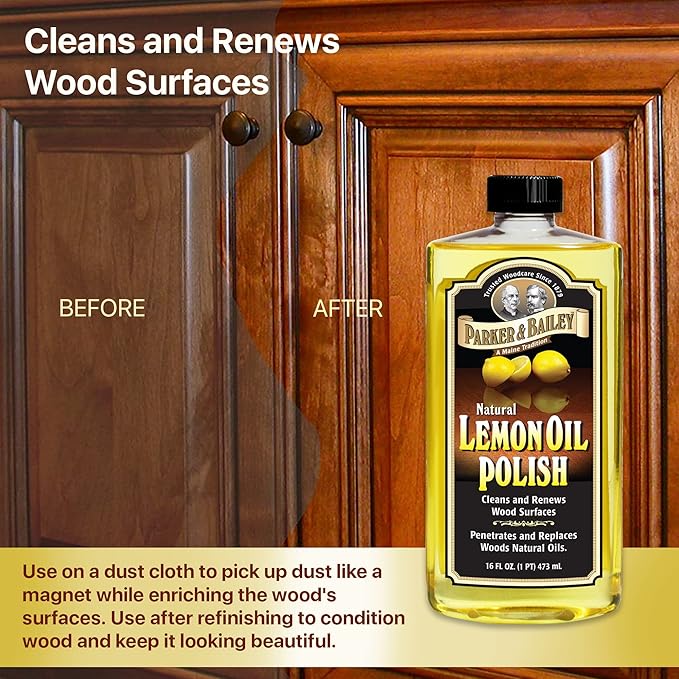 PARKER & BAILEY LEMON OIL POLISH - Natural Lemon Scented Wood Cleaner & Furniture Polish, Cleans, Renews, Restores & Rejuvenates Wood Surfaces, Protects Wood from Drying or Cracking, Leaves a Shiny Finish, 16oz
