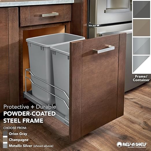 Rev-A-Shelf Double Pullout Trash for Full Height Kitchen Cabinets 50 Quart 12.5 Gallon with Soft-Close Slides, Metallic Silver, 53WC-2150SCDM-217