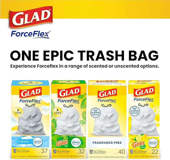 Glad Trash Bags, ForceFlex Tall Kitchen Drawstring Garbage Bags, 13 Gal, Fragrance Free, 80 Ct, Package May Vary| (Pack of 3)