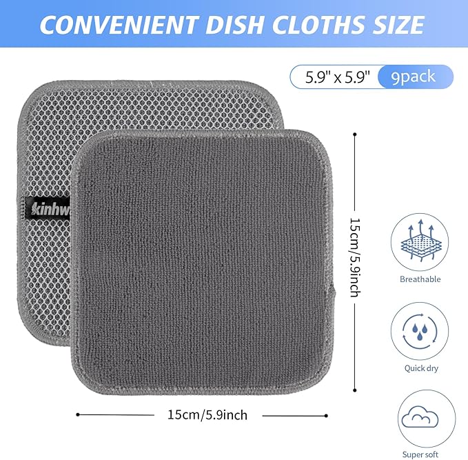 KinHwa Kitchen Washcloths for Dishes Absorbent Microfiber Dish Cloths Quick Dry Dish Rags with Poly Scour Scrub Side Ideal for Kitchen Cleaning (Gray, 6inch X6inch 9Pack)