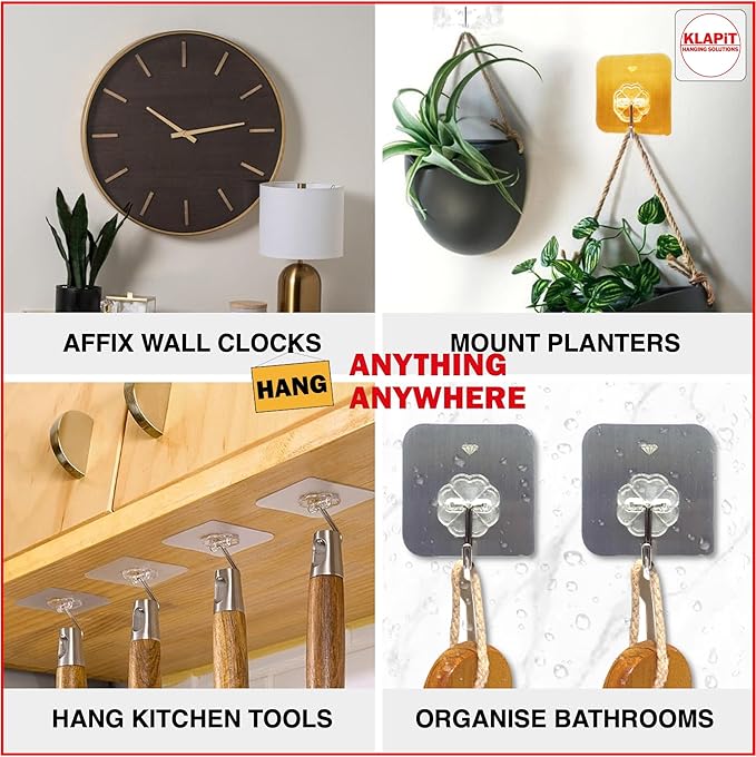 KLAPiT Super Hook - Heavy-Duty Adhesive Wall Hooks, Holds Up to 11 lbs, Waterproof, No Damage, Easy Install on Tile, Wood, Stone, Glass & Metal - Made of Steel (Silver, 8pc)