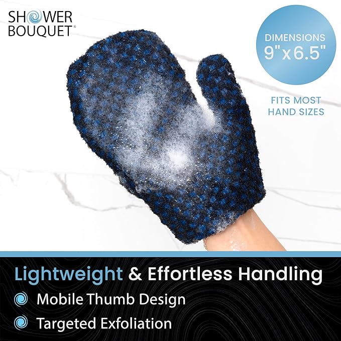 Japanese Exfoliating Mitt 2-Pack - Charcoal & Silver Ion Exfoliating Gloves for Shower - Soft Inner Fabric Gentle Exfoliation & Deep Cleansing Body Scrub Gloves for All Skin Types - 1 Blue, 1 Green