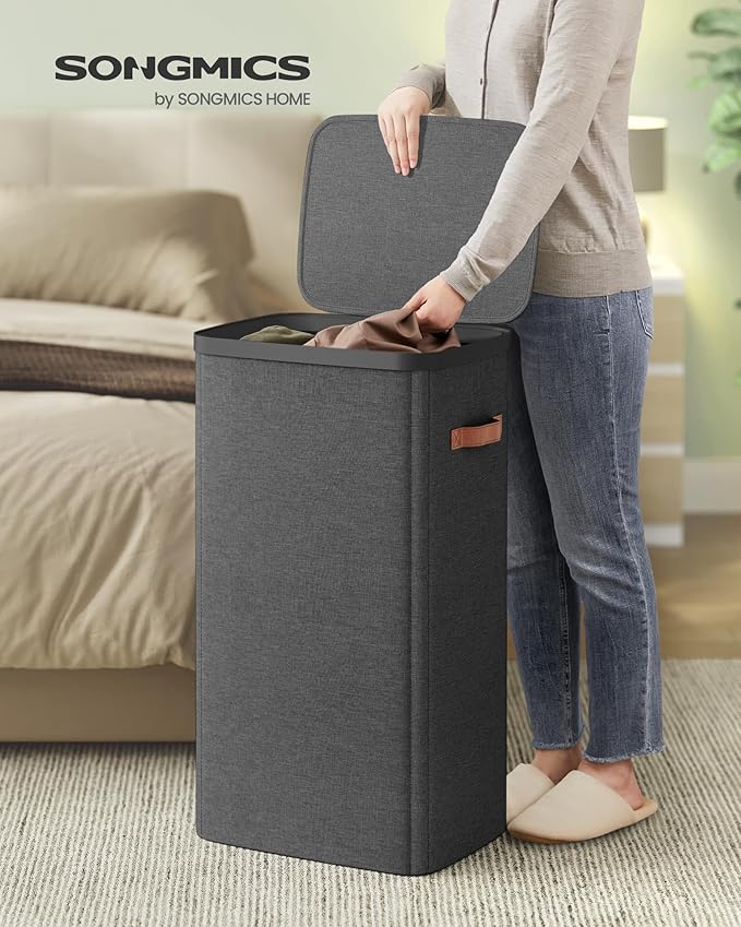 SONGMICS Laundry Basket, 26.4 Gal. Laundry Hamper, Easy Assembly, with Lid and Handles, Removable Liner, 16.5 x 12.6 x 29.5 Inches, Ink Black ULCB811BH01