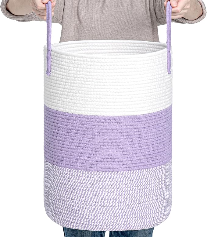 CLHMILY&Z 40L Laundry Basket Round Storage Rope Basket - 13x18 Inches - Lavender Hamper in Bedreoom and Cute Storage Bin for Blankets, Toys, and Nursery Essentials