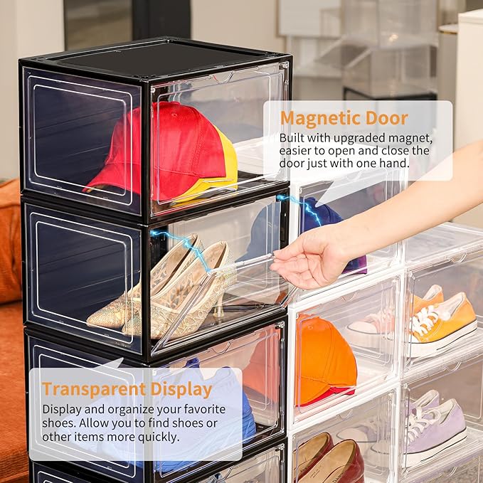 12 Pack Clear Shoe Boxes Stackable,Large Shoe Storage Organizer with Magnetic Door,Drop Side Shoe Containers for Entryway,Sneaker Storage Fit up to US Size 12 for Men/Women