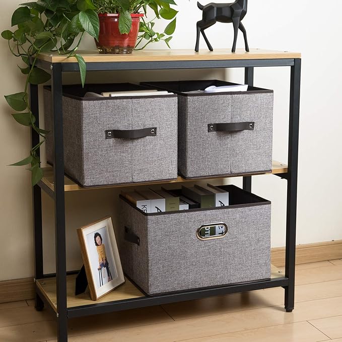 PRANDOM Larger Collapsible Storage Bins for Closet [5-pack] Decorative Linen Fabric Storage Baskets Cubes with Leather/Metal Handles for Living Room Grey (17.3x12.2x10.4 Inch)
