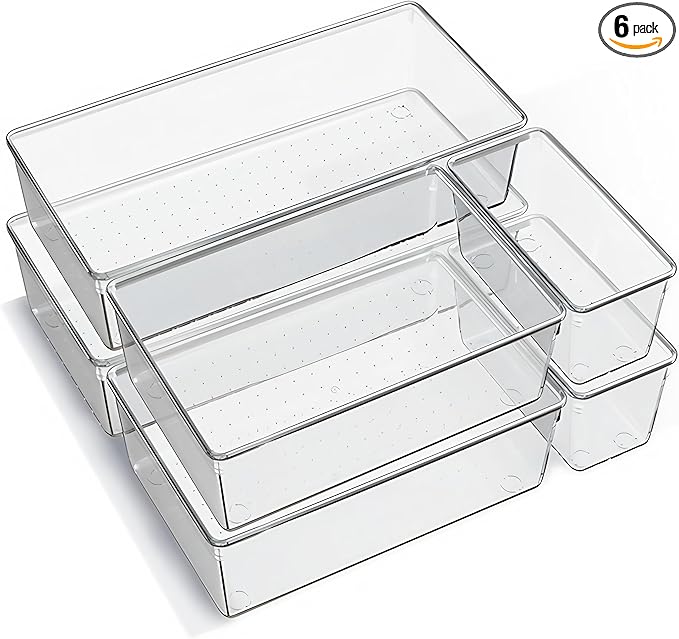 6 Pack Large Clear Plastic Drawer Organizer Trays – Non-Slip Storage Bins for Kitchen Utensils, Makeup, Jewelry, Bathroom, and Office Desk – Multi-Use Plastic Drawer Dividers for Home Organization