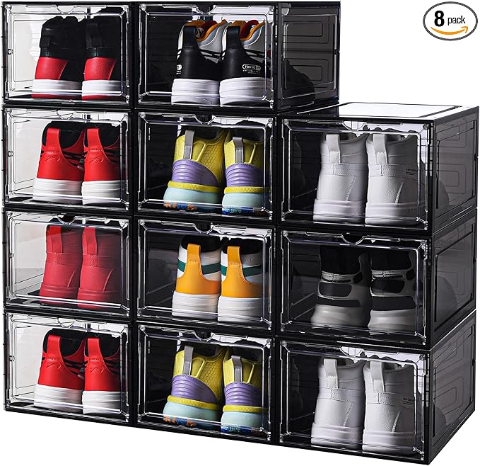 8 Pack Shoe Boxes Clear Plastic Stackable, Drop Front Shoe Storage Organizer for Closet, Sneaker Storage with Magnetic Door, Shoe Display Containers Fit US Size 12(13.4”x 10.6”x 7.5”) Black