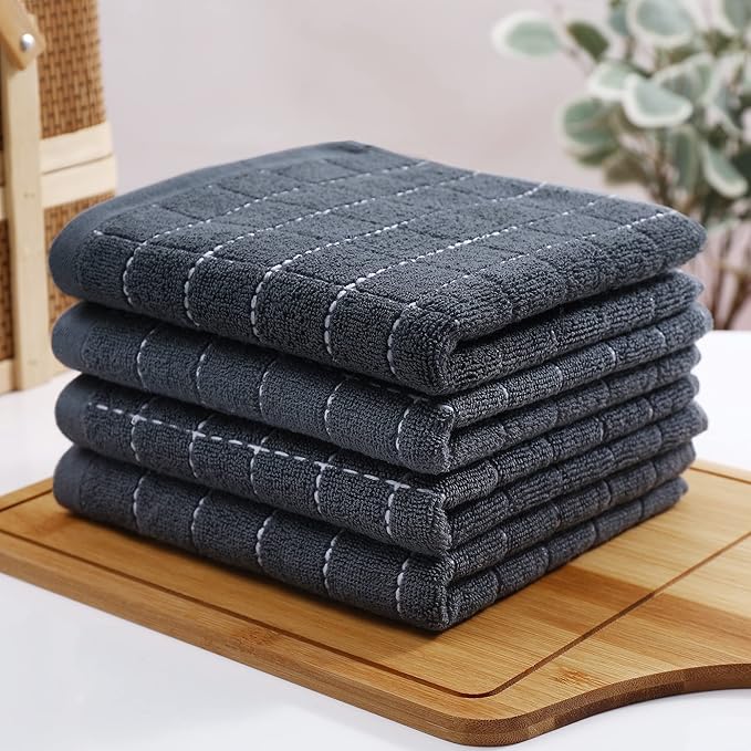 Homaxy 100% Cotton Terry Kitchen Towels(Dark Grey, 13 x 28 inches), Checkered Designed, Soft and Super Absorbent Dish Towels, 6 Pack