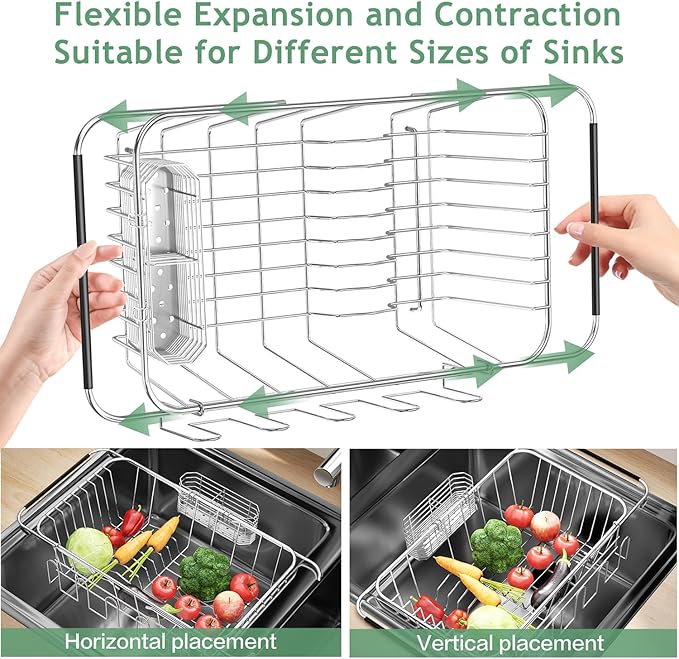 Small Dish Drying Rack in Sink, Extendable Stainless Steel Dish Drainers for Kitchen Counter, Anti-Rust Dish Dryer Rack with Utensil & Cup Holders, for Inside Sink, Over The Sink(for 1-2 People)