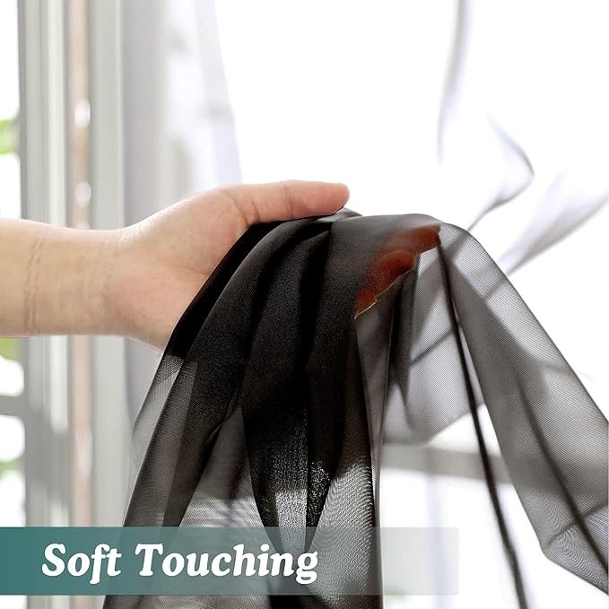 Chyhomenyc Black Sheer Curtain 72 Inches Length 2 Panels, Voile Top Dual Rod Pockets Light Filtering Airy Window Treatment Drapes for Living Room/Bedroom, Each 42Wx72L