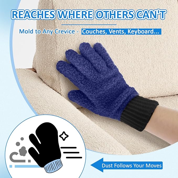 MIG4U 2 Pairs Microfiber Gloves - Dusting Gloves for House Cleaning - Washable Blind Cleaner Duster Tool (Navy,S/M)