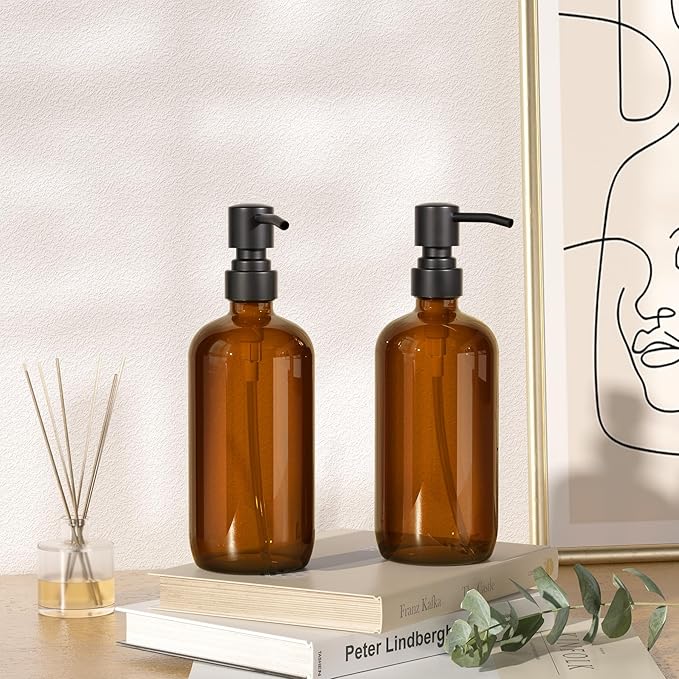 AmazerBath Amber Glass Soap Dispenser, 2 Pack Soap Dispenser Set with Stainless Steel Pump, Vintage Liquid Brown Soap Dispensers Bottle, 17 Oz Dish Soap and Hand Soap Dispensers for Bathroom Kitchen