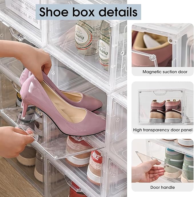9 Pack Thicken Shoe Organizer Stackable,Upgraded Sturdy Shoe Storage Box with Magnetic Door,Shoe Containers For Sneaker Display,Hat Organizer,White