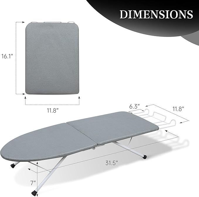 Tabletop Ironing Board,Portable Iron Board with Iron Rest, Foldable Small Ironing Board with Heat Resistant Cover and 100% Cotton Pad, 31.5"x11.8"x7", Grey