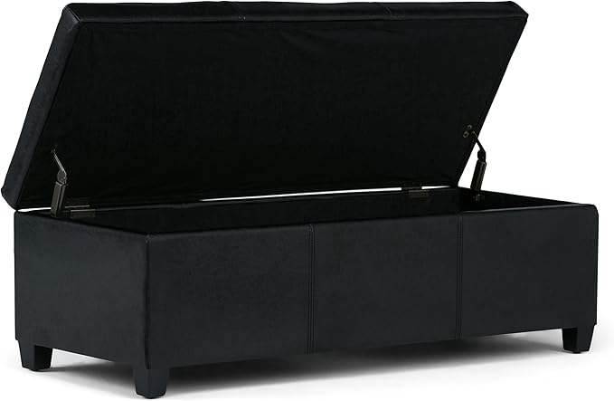 SIMPLIHOME Avalon 48 inch Wide Contemporary Rectangle Storage Ottoman Bench in Midnight Black Vegan Faux Leather, Assembled, for the Living Room, Entryway and Family Room