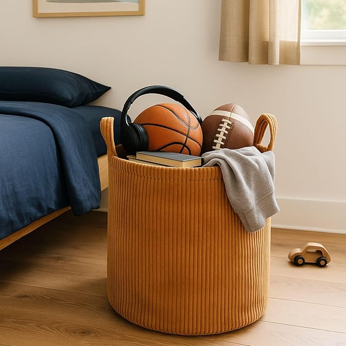 PUTSKA Blanket Basket – Round Storage for Toys and Blankets, Clothes, Stuffed Animals – Soft Baby Girl Basket for Nursery, Kids Room, Bedroom, Living Room – Large, Brown