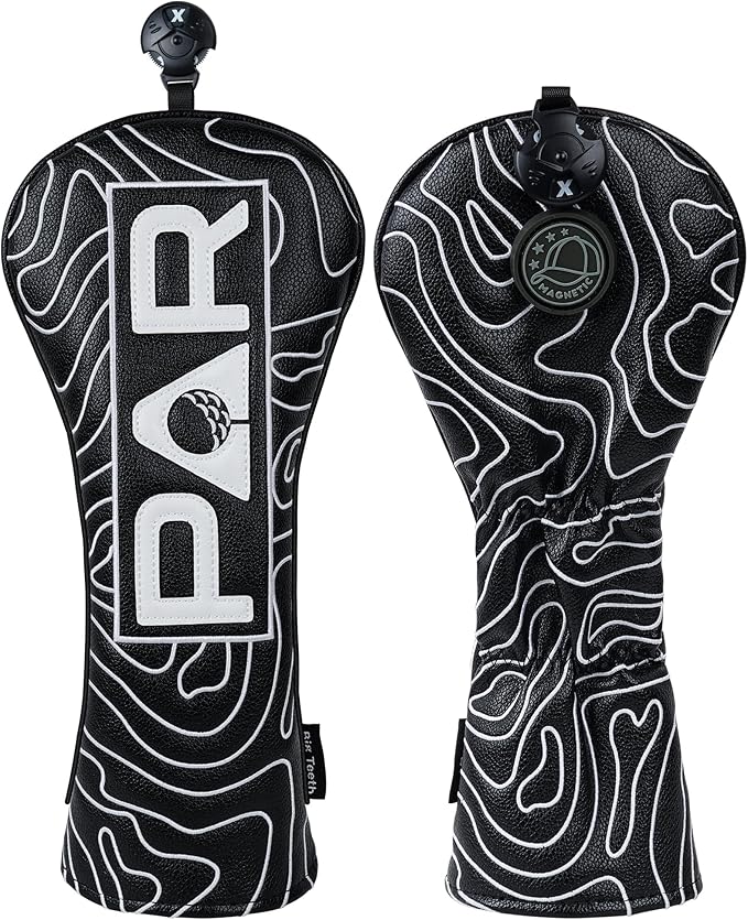 Big Teeth Golf Club Covers Full Set Driver Headcover Fairway Wood Hybrid Golf Club Iron Head Covers, Topographic Edition Putter Cover Leather Golf Head Covers Pure Black, Gifts for Men
