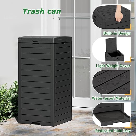 NUNU LAB 31 Gal Outdoor Trash Can with Lid - Heavy Duty Waterproof Resin, Removable Drip Tray, Fits 33-40 Gallon Bags - Large Garbage Bin for Patio, Backyard, Deck