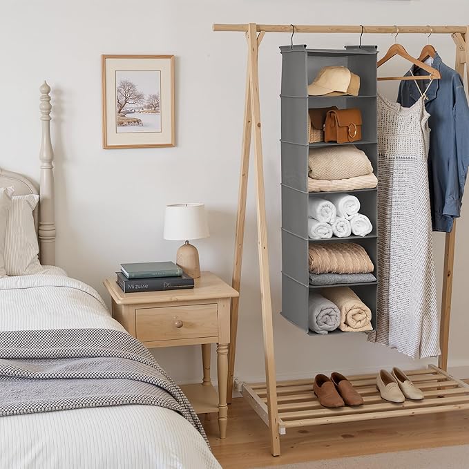 GRANNY SAYS 6 Shelf Hanging Closet Organizers and Storage, Collapsible Closet Hanging Organizer with 2 Sturdy Hooks, Large Hanging Shelves for Closet, Bedroom, Dark Gray