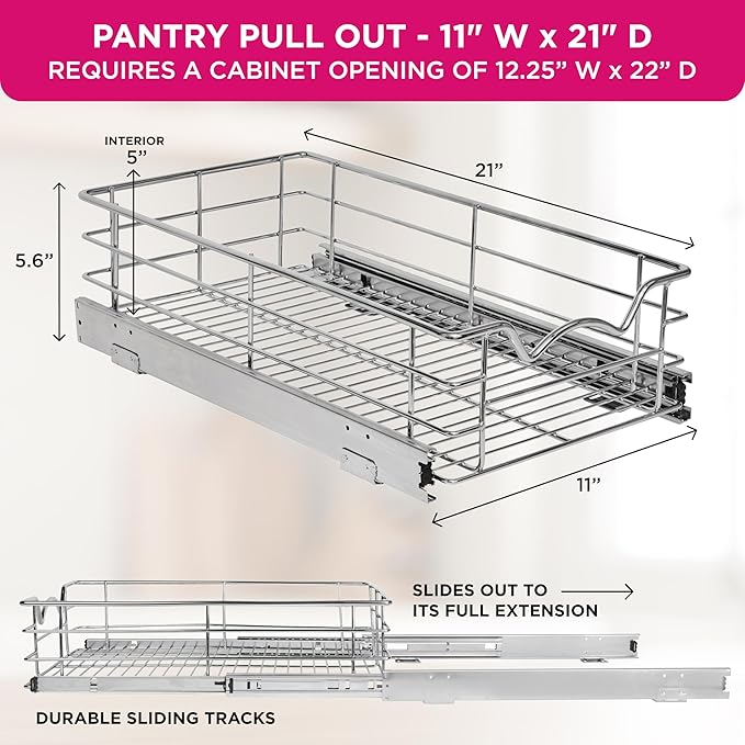 HOLDN’ STORAGE Heavy-Duty Premium Collection Pull Out Cabinet Organizer, Cabinet Drawer Slide Outs, Lifetime Limited Warranty - Basket Size 11" W x 21" D x 5" H, Anti-Rust Chrome Finish