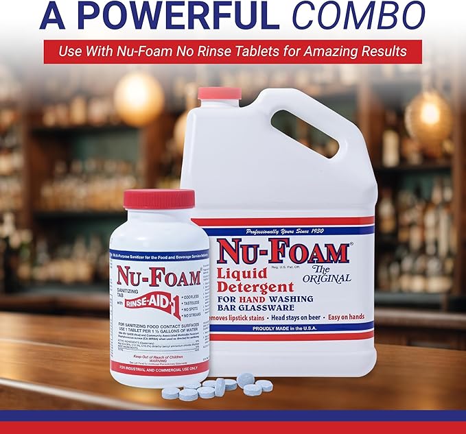 Nu-Foam Liquid Detergent for Bar Glassware – Original Streak-Free Solution - Hand Washing Bar, Tavern, Brewery Supplies - Concentrated - 1 Gallon