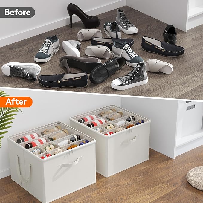 Lifewit Shoe Storage Organizer for Closet Fits 12-16 Pairs, Fabric Large Shoe Box Storage Container with Clear Cover, Foldable Bins Fit for Boots Heels Sneakers 17"(L) x 17"(W) x 12.5"(H) 2 Pack White