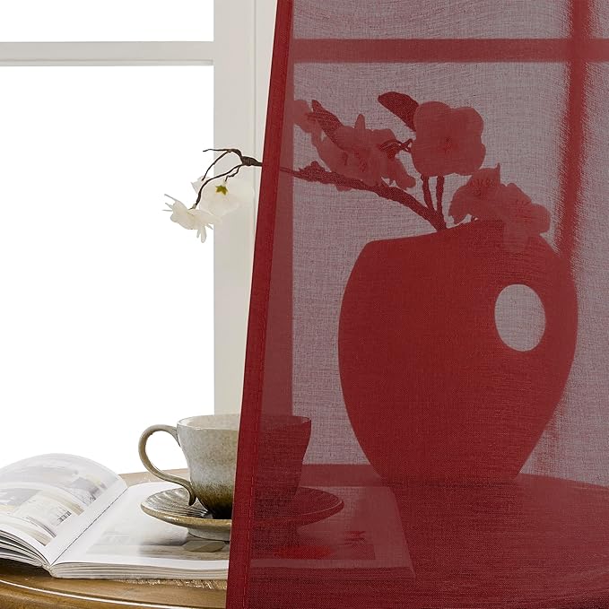 Tollpiz Sheer Door Curtains Closet Linen Textured Curtains Sheer Doorway Light Filtering Voile Rod French Door Pocket Curtain Patio Glass Door, 25 x 72 inches Long, Burgundy Red, Set of 1 Panel