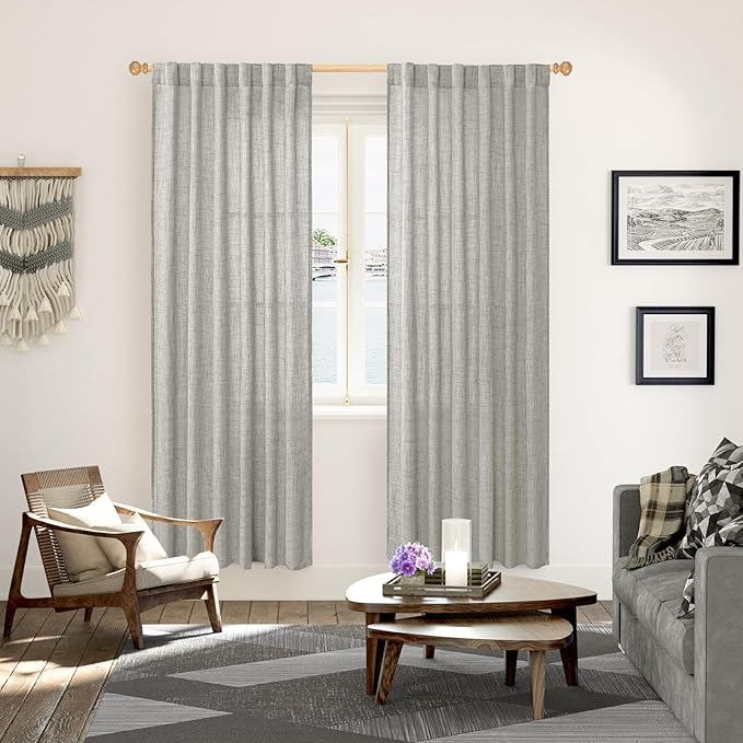 YoungsTex Dark Grey Linen Curtains 78 Inch Length for Living Room, Light Filtering Semi Sheer Window Drapes Rod Pocket Back Tab Curtain for Bedroom Office Farmhouse Country, 2 Panels, 52 X 78 Inch