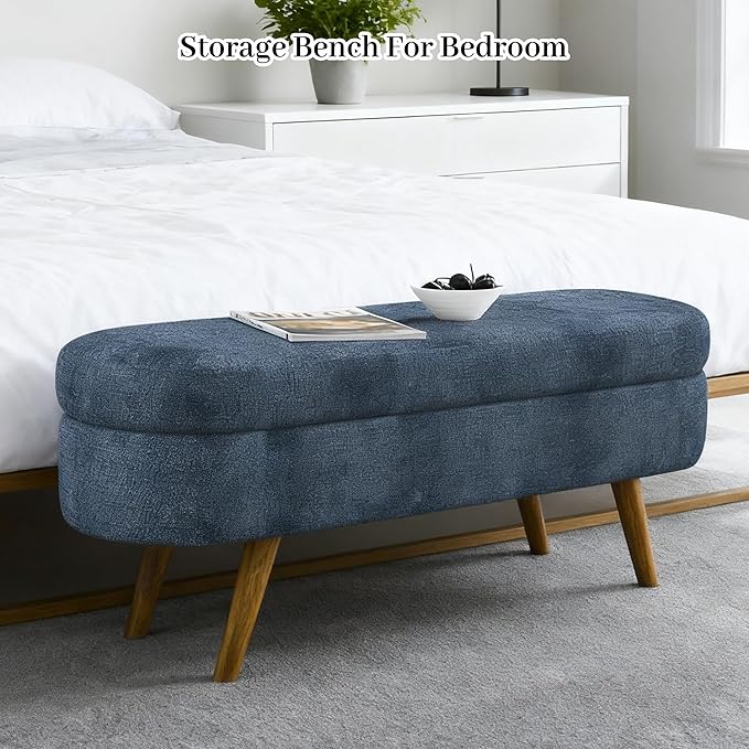Storage Bench, 43" Storage Ottoman Bench, Shoe Storages Benches for Bedroom, Upholstered Entryway Benches with Seating, Rubber Wood Legs for Bedroom, Living Room, Entryway, Bed Side, Dark Blue