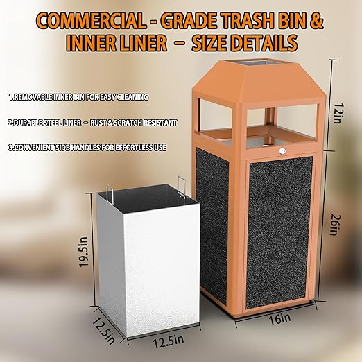 Commercial Metal Outdoor Trash Can with Lid, Lockable Outdoor Garbage Can with Nature Stone Panels, Heavy-Duty Rustproof Trash Bin with Removable Liner for Parks & Public Spaces