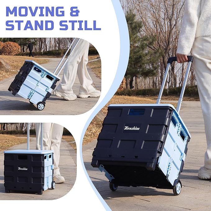 Collapsible Rolling Crate on Noiseless Wheels: Portable Utility Cart for Shopping Teacher Laundry (Blue)