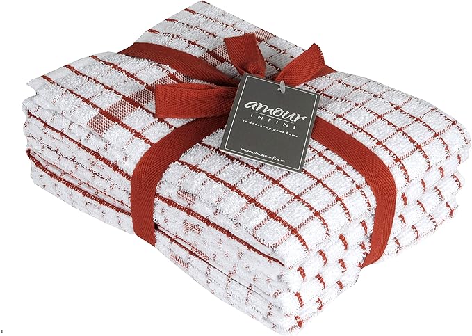 AMOUR INFINI Kitchen Towels Set of 4 - Highly Absorbent, Super Soft Terry Cotton 20x28 Inch Dish Towels with Hanging Loop - Hand & Tea Towels for Cleaning & Drying Dishes (Rust)