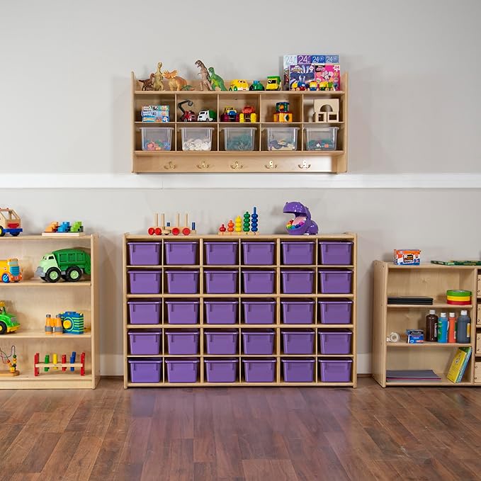 Wood Designs Cubby Storage Bin, Heavy Duty Plastic Containers for Kids Purple Cubby Tray Set of 10