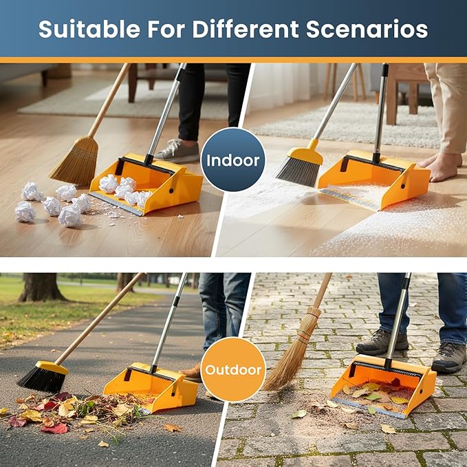Large Commercial Dustpan with Comb，Long Handle Upright Heavy Duty Dust Pan Outdoor Indoor for Courtyards, Garages, Lobbies, Shopping Malls, Market Floors, Sidewalks, Classroom Floor Cleaning