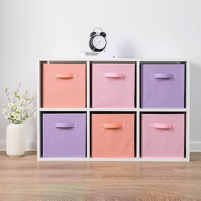 Stero 13x13x13 Inch Fabric Storage Bins 6 Pack Fun Colored Durable Storage Cubes with Handles Foldable Cube Baskets for Home, Kids Room, Closet and Toys Organization Purple, Pink, peachpuff