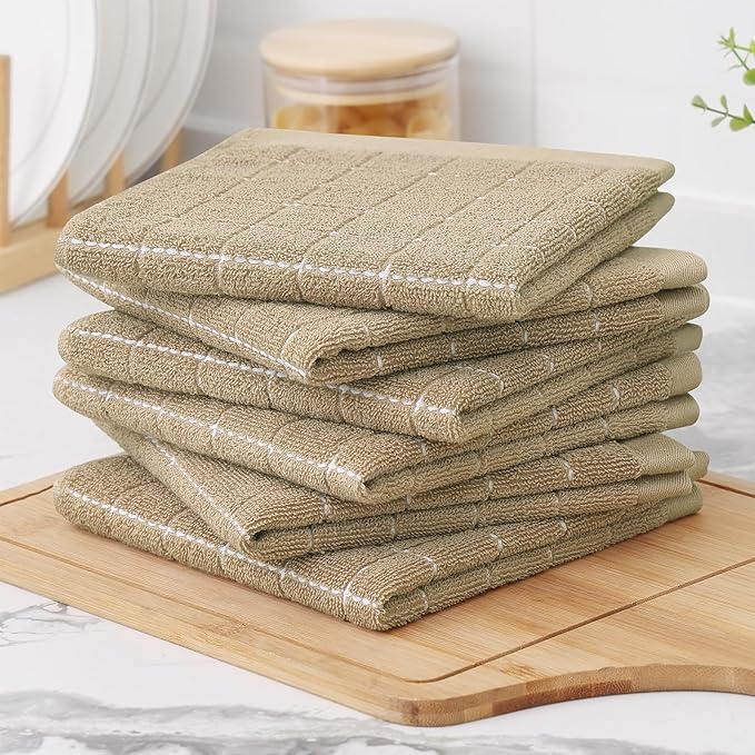 Homaxy 100% Cotton Terry Kitchen Dish Cloths, Ultra Soft and Absorbent Dish Towels for Kitchen, Perfect for Drying and Washing Dishes, 12 Pack, 12 x 12 Inches, Tan