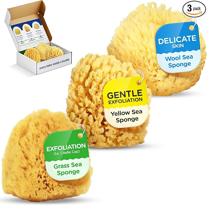 Baby Buddy Baby Bath 4in Assorted Sea Sponges, Absorbent Natural Sea Sponge, Soft on Tender Skin, Biodegradable, Hypoallergenic, Bath Accessories for Bathing, 3 Pack