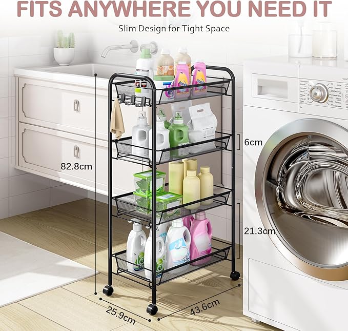 TOOLF 4-Tier Rolling Cart, Metal Utility Cart with 3 Hooks, Easy Assemble Mobile Storage Trolley On Wheels, Metal Shelving Units Kitchen Bathroom Laundry Room