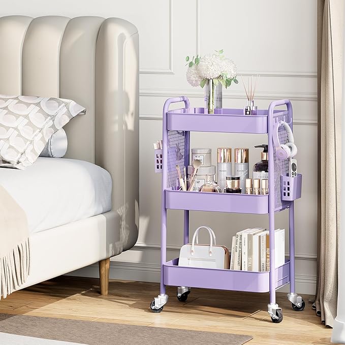 TOOLF 3 Tier Rolling Cart Storage Organizer, Metal Rolling Utility Cart with Wheels, Hooks & Bins Esthetician Craft Art Sturdy Storage with Pegboard for Bathroom, Kitchen, Office, Nursery Diaper