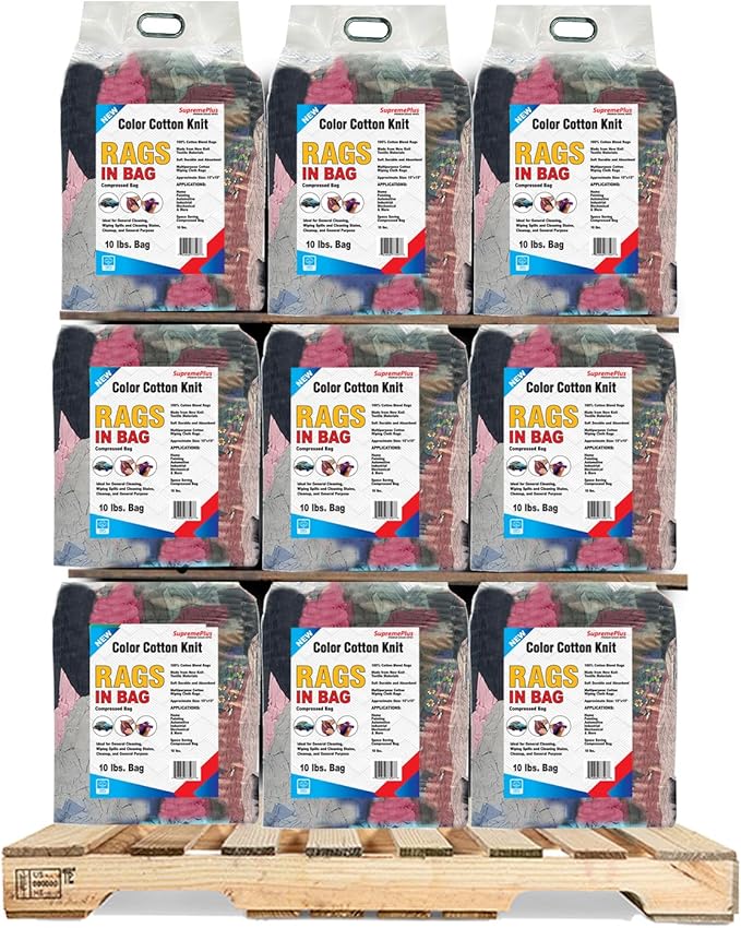 Premium Color Knit Cleaning Rags (600 lbs Pallet - 60x10 lbs. Bag) – Shop Rags Bulk for Workshops, Mechanics, Painters, and Home Use, Multipurpose Cotton T-Shirt Rags