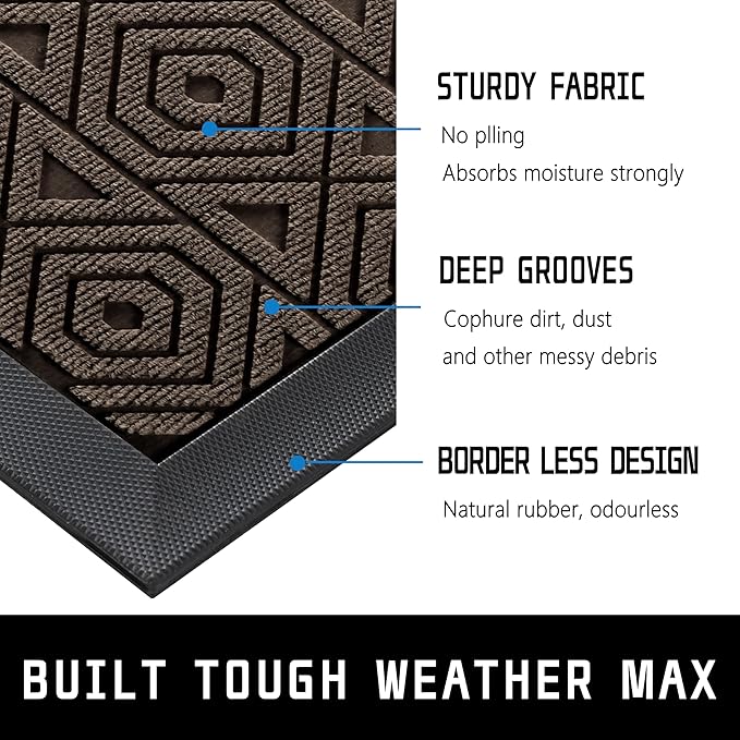 Yimobra Door Mat, Outdoor Indoor Entrance Welcome Mat, Heavy Entry Front Door Mat, Stain & Fade Resistant, Low Profile, Sturdy Rubber, Easy Clean Patio Floor Mat, Waterproof, 36 x 24, Brown