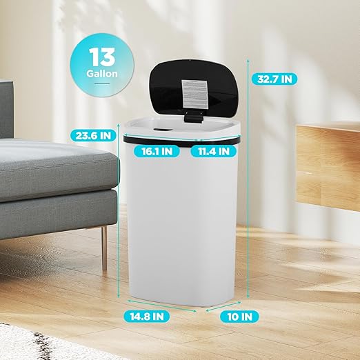 Automatic Motion Sensor Bathroom Trash Can with Lid, 13 Gallon Touchless Trash Bin, Smart Dog Proof Garbage Can, Touch Free Waste Basket for Toilet, Office, Bedroom,White,2