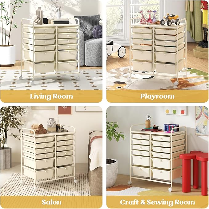 GOFLAME 12-Drawer Rolling Storage Cart, Multipurpose Organizer Cart with 2 Sizes Plastic Drawers, Mobile Utility Cart with Lockable Casters for School, Home Office, Beauty Salon, White