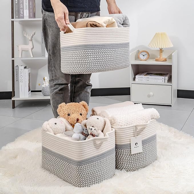 Medium and Large Woven Basket//With Handle, Used for Toys and Fabric Storage Basket used for Storing xl Storage Box, Decorative Storage Box Room 2pack (14L*10W*8.6H White/Gray, 14Lx10Wx8.6H)